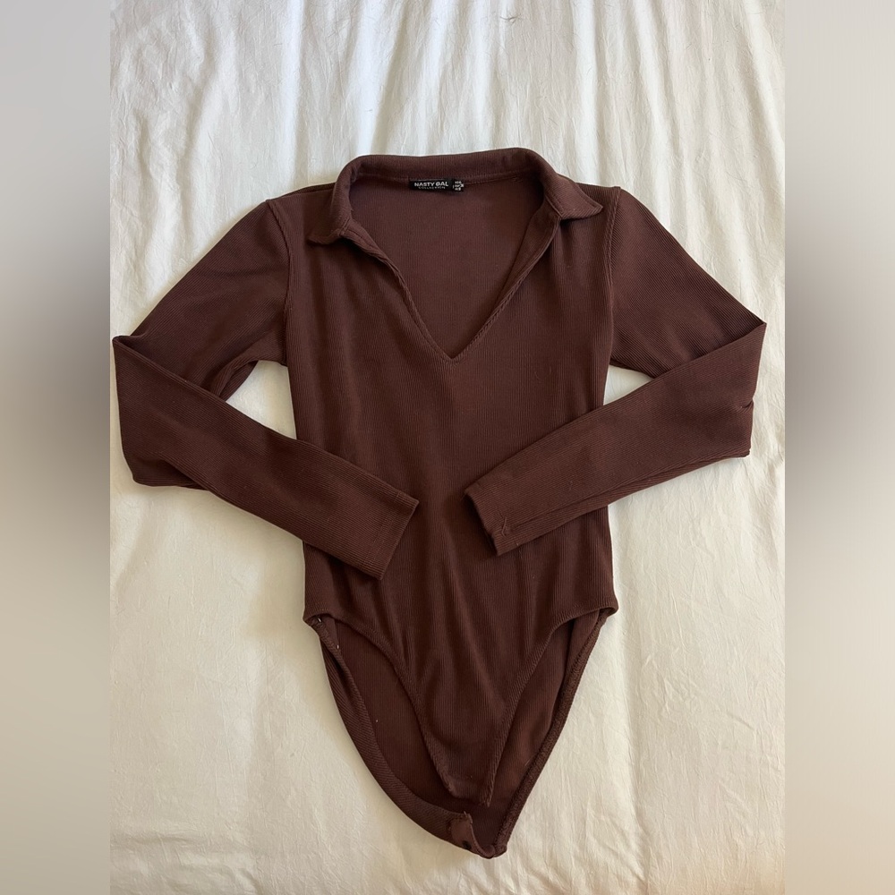 NASTY GAL womens brown collared bodysuit